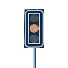 LED traffic light on a pole at a crossroads with orange light isolated on white background.