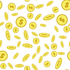 Abstract falling golden coins seamless pattern. Golden money rain. Repeating background with dollar signs randomly placed on white. Vector eps8 illustration.