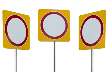 Set of 3 three traffic signs No entry straight, left, right isolated on white transparent background.