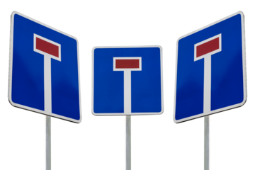 Set of 3 three traffic signs dead end straight, left, right. No way sign isolated on white transparent background.