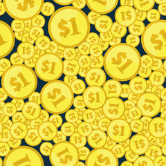 Seamless pattern with lot of dollar golden coins. Financial or gambling background. Repeating texture with USA money symbols randomly placed on black. Flat style vector eps8 illustration.