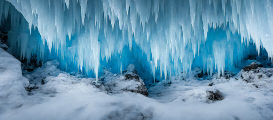 Large ice cave with snow covered rocks and icicles, 3d render