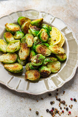 Brussels sprouts fried vegetable healthy meal food snack diet on the table copy space food background rustic top view keto or paleo diet veggie vegan or vegetarian food no meat