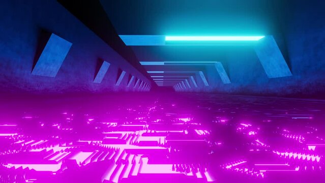 Flight over the surface of the space station with lights, fluorescent, technology, Sci-Fi, glow, neon, ultraviolet elements, futuristic conceptual world. 3d render, 4k, looping video, modern design.