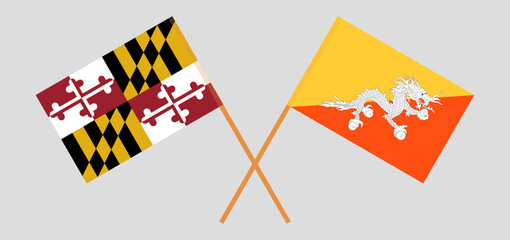 Crossed flags of the State of Maryland and Bhutan. Official colors. Correct proportion