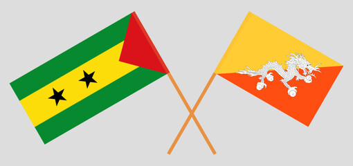 Crossed flags of Sao Tome and Principe and Bhutan. Official colors. Correct proportion