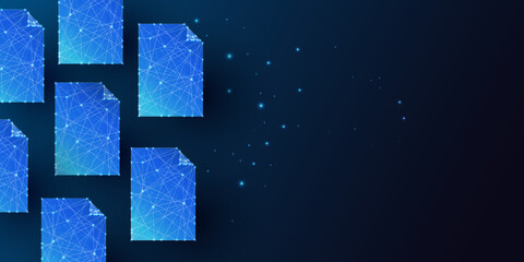 Futuristic paper documents on dark blue background horizontal banner. Glowing low polygonal style.