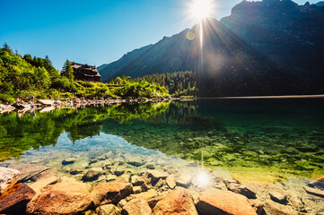 Tatra National Park in Poland. Famous mountains lake Morskie oko or sea eye lake In High Tatras. Five lakes valley © Zedspider