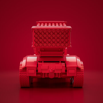 Crimson Military Vehicle From Back View, THE BM 21 Grad Self Propelled Multiple Rocket Launcher. 3D Rendering