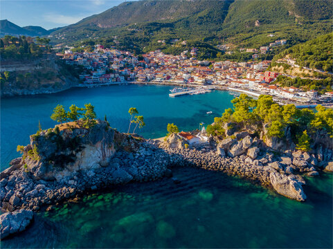 Aerial drone view of parga and island of Panagia,Greece © ernestos