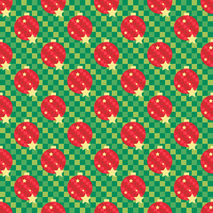 Seamless vector new year christmas holiday green pattern with red round ornament balls with winter golden stars for gift and wrapping paper or textile