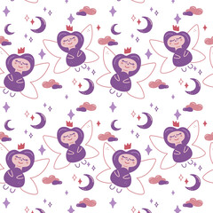 Fairy princess pattern. Seamless pattern with cute fairy, moon, stars and clouds.