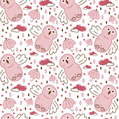 Owl pattern. Seamless pattern with cute owl, umbrella, clouds, rain.