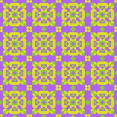 Seamless kalidoscope background. Vector mosaic textile pattern. Purple and green yellow design for wrapping and gift paper
