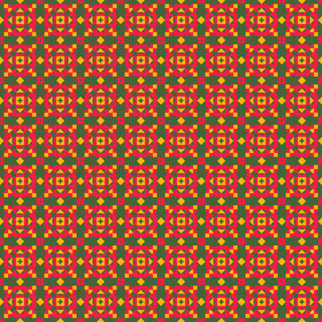 Seamless red and orange round and square shaped vector autumn pattern on khaki background for wrapping holiday or gift paper and  textile and apparel