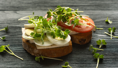 Sandwiches with cheese, tomato and egg sprinkled with microgreens on a wooden table