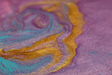 Obraz premium Abstract painting. Acrylic magic. Creative art. Blue orange pink liquid glitter blend