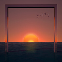 square arch in the dark sea horizon with birds at sunset