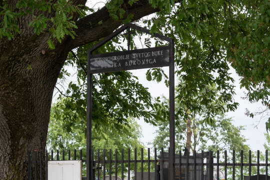 Plaque with name of cemetery in Velika Bukovica village near Derventa