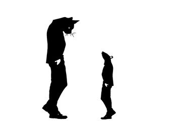 This is a png image of Cat wearing coat in front of a rat.