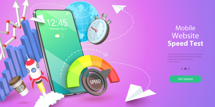 3D Vector Conceptual Illustration of Mobile Website Speed Test, Page Loading Optimization