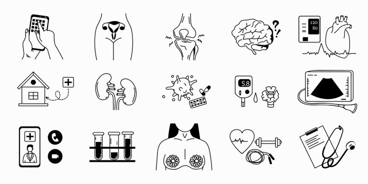 Medical Icons Of Different Directions Medicine: Gynecology, Ultrasound, Oncology, Therapy, Orthopedics, Mammology, Laboratory Tests. Vector Illustration