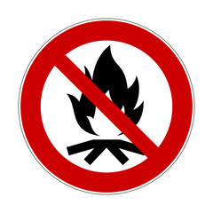 No campfire sign. Vector illustration of red crossed out circle sign with bonfire icon inside. Lighting fire is prohibited. Prohibition symbol isolated on white background.