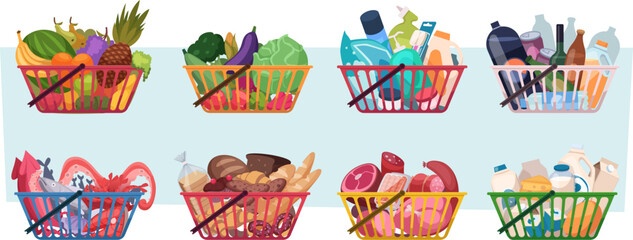 Shopping carts. Grocery products from market natural food fruits milk meat and vegetables exact vector grocery basket