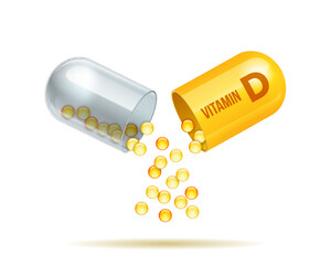 Vitamin D supplement for health. Capsule with yellow granules, healthy diet symbol.