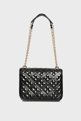 Women's black Glossy Leather bag Handbag Isolated on White Background. Shiny Shoulder bag with...