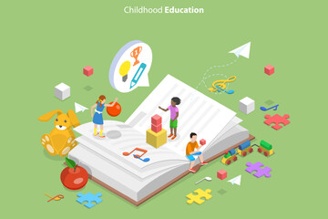 3D Isometric Flat Vector Conceptual Illustration of Childhood Education, Kids Cognitive Development