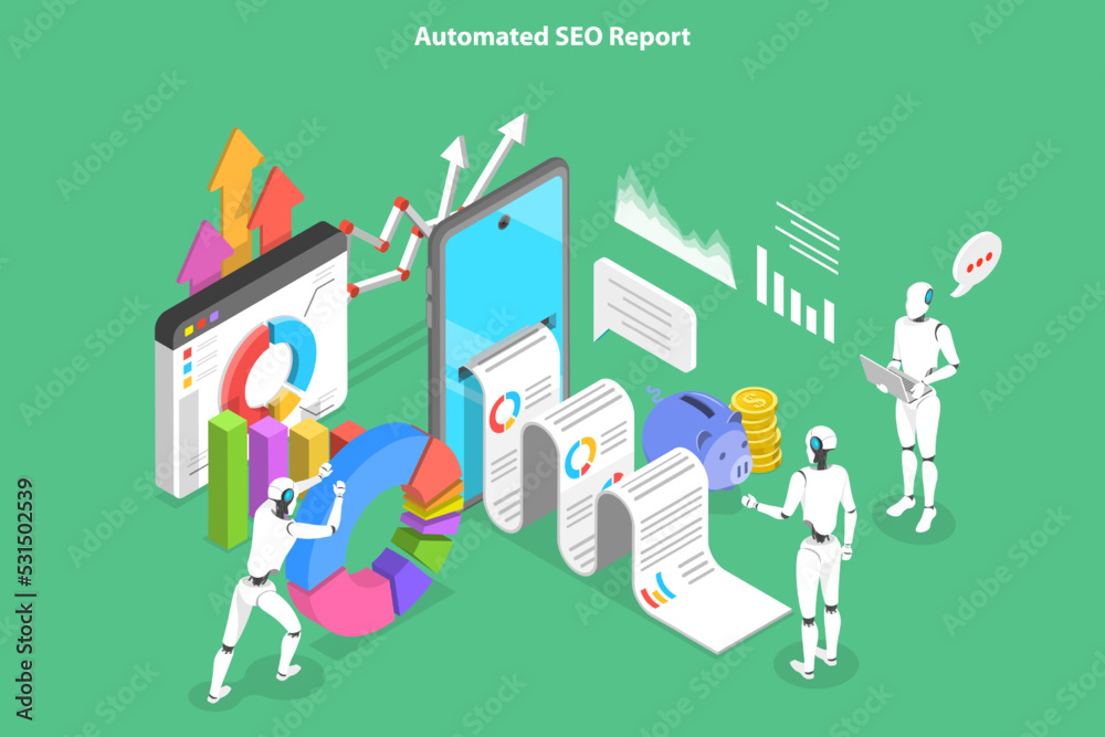 Wall mural 3d isometric flat vector conceptual illustration of automated seo report, website optimization and r