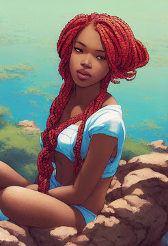 Illustration of a beautiful mermaid-vibe African American woman with red hair
