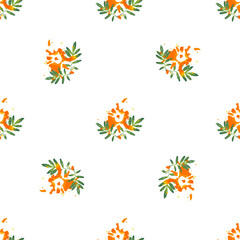Fototapeta na wymiar Green marigold leaves and orange flowers prints seamless pattern. Summer floral repeating texture. Handcrafted nature plant decoration for fabric design, wallpapers, wrapping paper and others. EPS8.