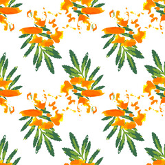 Green marigold leaves and orange flowers prints seamless pattern. Summer floral repeating texture. Handcrafted nature plant decoration for fabric design, wallpapers, wrapping paper and others. EPS8.