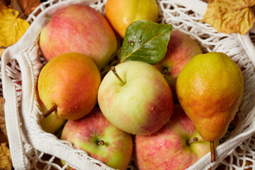 autumn background with apples, pears and eco bag