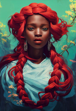 Illustration of a beautiful mermaid-vibe African American woman with red hair