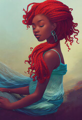 Illustration of a beautiful mermaid-vibe African American woman with red hair
