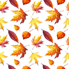 Autumn. Seamless pattern. Autumn leaves painted in watercolor. Yellow, red and burgundy leaves on a white background. Packaging design, fabrics, etc.