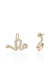 Close-up shot of two asymmetrical golden snake ear cuffs. A rhinestone snake cuff set is isolated on a white background. Front view.