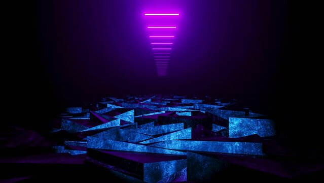 3d animation, futuristic conceptual world. Explorer adventure, science abstract, technology background with neon lights. 4k video, cycled render, movement motion, looping backdrop, modern design.