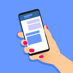 Female hand holding smartphone with text messages. Chat bubbles on phone screen. Messaging mobile application concept. Woman using cell phone for communication, conversation. Vector EPS8 illustration.