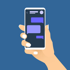 Female hand holding smartphone with chat messages. Text bubbles on phone screen. Online messaging mobile application concept. Woman using phone for communication conversation. Vector EPS8 illustration