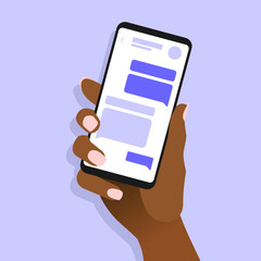 Arfo-american female hand hold phone with chat messages. Speech bubbles on smartphone screen. Messaging mobile app concept. African woman using phone for online conversation. Vector EPS8 illustration.