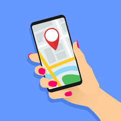 Female hand holding smartphone with map and marker. Mobile GPS tracking concept. Woman using phone for navigation or ordering taxi. Location track app on touch screen device. Vector EPS8 illustration.