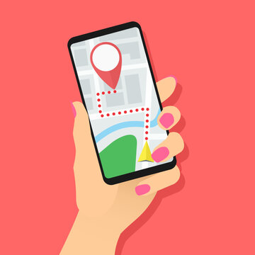 Female hand holding smartphone with map and marker. Mobile GPS tracking concept. Woman using phone for navigation or ordering taxi. Location track app on touch screen device. Vector EPS8 illustration.