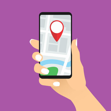 Female hand holding smartphone with map and marker. Mobile GPS tracking concept. Woman using phone for navigation or ordering taxi. Location track app on touch screen device. Vector EPS8 illustration.