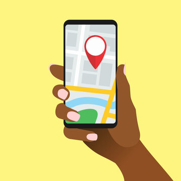 African female hand holding smartphone with map and marker. Mobile GPS tracking concept. Afro-american woman using touchscreen phone for navigation or ordering taxi. Flat vector EPS8 illustration.