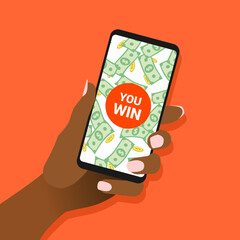 African female hand hold smartphone with receive money message on screen. Afro-american woman showing cell phone with banknotes on display. Earnings funds concept for online finances. Flat vector EPS8