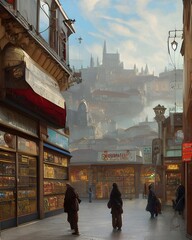 Naklejka premium City streets at evening time vith shops and buildings, people, sky, doors, 3d render, illustration